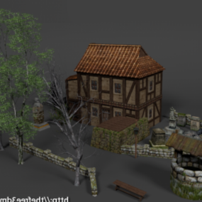 نموذج منزل من العصور الوسطى مع فناء خلفي ثلاثي الأبعاد