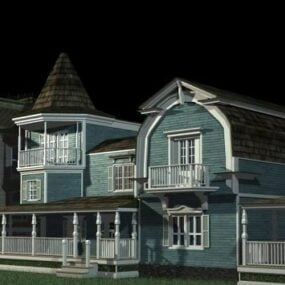 Modelo 3d da cena dos subúrbios da casa azul