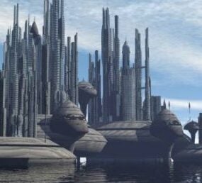 Torre alienígena com paisagem modelo 3d