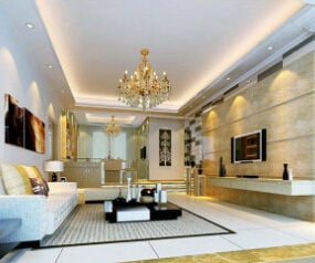 Golden Living Room Interior Scene 3d model