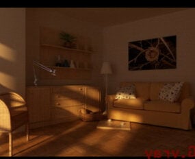 Modelo 3D da cena interior da sala de estar do pôr do sol