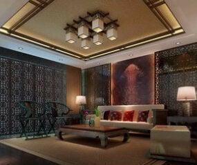 Escena de sala de estar asiática Interior modelo 3d