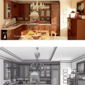 Modelo 3D de cena interior de cozinha em estilo retro