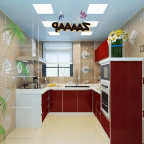 Modelo 3D da cena interior da cozinha em estilo vermelho