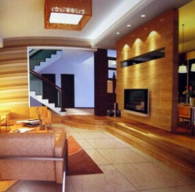 نموذج مشهد داخلي لغرفة المعيشة الخشبية ثلاثي الأبعاد