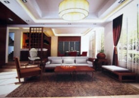 مشهد داخلي لغرفة المعيشة الخشبية الصينية نموذج ثلاثي الأبعاد