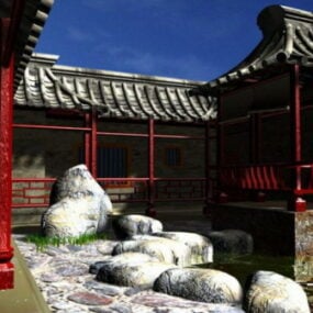 Model 3D ściany dziedzińca chińskiego klasztoru