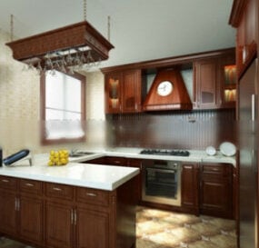 Escena interior de cocina de madera maciza modelo 3d