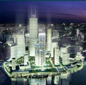 مدل سه بعدی ساختمان معماری مدرن در شب