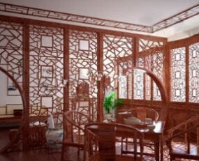 Mô hình 3d nhà hàng trang trí bằng gỗ cổ điển