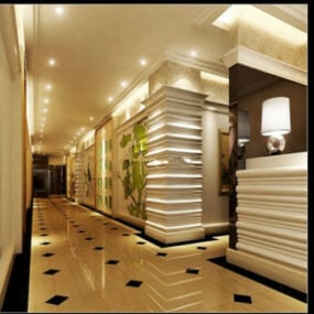 Modelo 3d do corredor moderno do hotel da cena interior