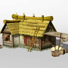 Modello 3d di antica fattoria cinese con tetto in paglia