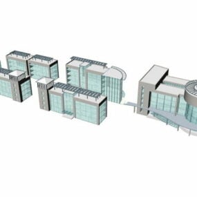 בנייני משרדים מודרניים עם קיר זכוכית דגם תלת מימד