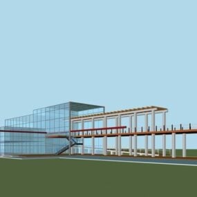 Edifício de arquitetura de vidro com passarela modelo 3d