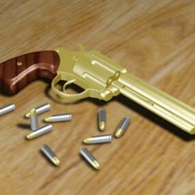 โมเดล 3 มิติปืนพกลูกโม่ทองคำและกระสุน