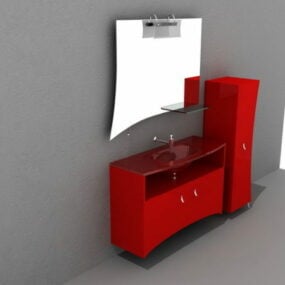 Bàn trang điểm phòng tắm màu đỏ có gương mô hình 3d