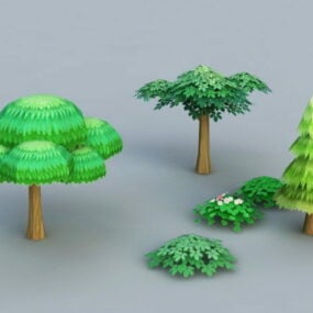 कार्टून पेड़ और झाड़ियाँ 3डी मॉडल