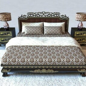 Modelo 3d de cama de madeira de luxo clássico