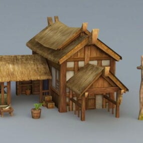 3D-Modell eines alten Dorfhauses mit Strohdach