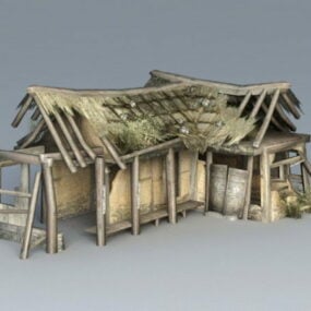 Cabaña con techo de paja rota modelo 3d