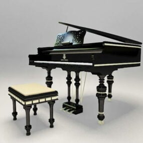 Black Piano With Stool 3d model