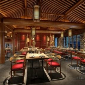 लक्जरी लकड़ी शैली रेस्तरां आंतरिक दृश्य 3डी मॉडल