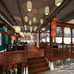 Chinese Restaurant Wooden Style Interior Scene 3d model