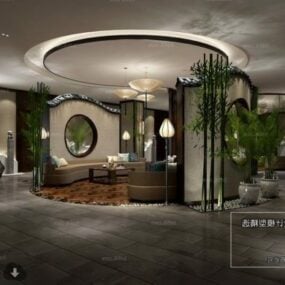 Mô hình nội thất sảnh khách sạn phong cách châu Á 3d