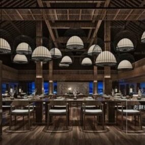 3D model interiéru restaurace ve stylu asijského dřeva