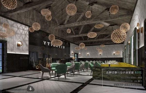 Simple Industrial Restaurant Style With Ceiling Lamp Interior Scene