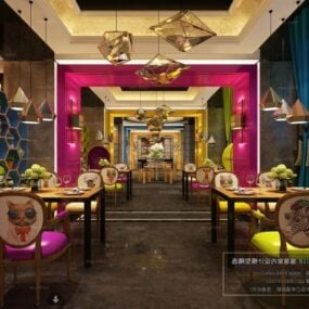 Mix Style Restaurant With Polygon Ceiling Lamps Interior Scene 3d model