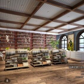 דגם תלת מימדי של סצנה פנימית של בית קפה בחנות ספרים מעורבת