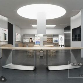 Modello 3d della scena interna del negozio minimalista dello showroom hi-tech