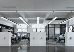 Modello 3d tipico della scena interna dell'area di lavoro moderna dell'ufficio