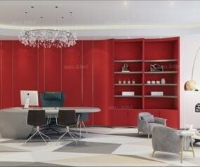 Modelo 3d de cena interior de pequeno espaço de trabalho com decoração de parede vermelha