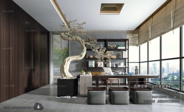 Bonsai Decor Living Room Interior Scene