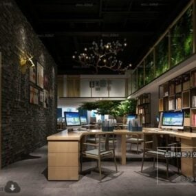 Escena interior de recepción de empresa de oficina verde modelo 3d