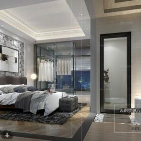 غرفة نوم مع خزانة زجاجية مشهد داخلي نموذج ثلاثي الأبعاد