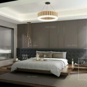 Camera da letto moderna con scena interna di grandi finestre modello 3d