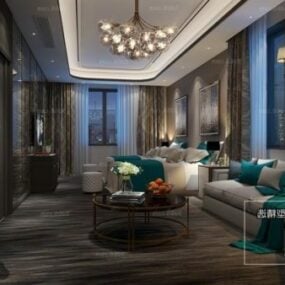 Hotel de lujo con habitación doble, escena interior, modelo 3d