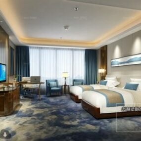 3d модель інтер'єру готелю з двома односпальними ліжками