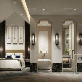 Escena interior de dormitorio de hotel de diseño elegante modelo 3d