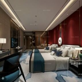 붉은 벽 호텔 침실 인테리어 장면 3d 모델