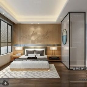 Wood Wall Design Hotel Bedroom Interior Scene 3d model