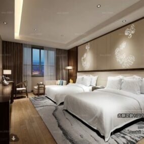Pemandangan Interior Kamar Tidur Kembar Desain Modern Hotel model 3d