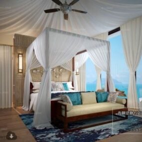 Modello 3d della scena interna della camera da letto con vista sulla spiaggia