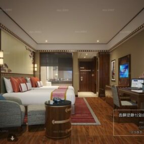 Zarif Retro İki Yataklı Yatak Odası İç Sahne 3D modeli