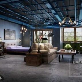 Model 3d Adegan Interior Apartemen Ruang Terbuka Industri