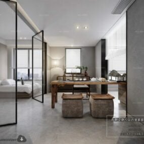 Zeitgenössisches Schlafzimmer mit Arbeitsbereich-Innenszene, 3D-Modell