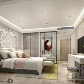 3D-Modell der Innenszene des weißen Schlafzimmers im Hotel